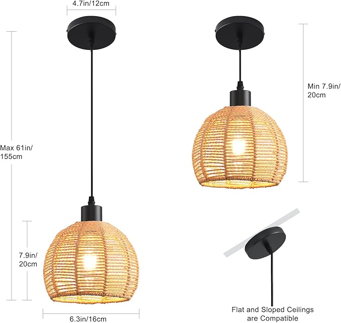 Woven Pendant Light Boho Chandelier, Rattan Pendant Lights Kitchen Island, Farmhouse Pendant Lighting with Hand Woven Wicker Shade, Boho Chandelier Light Fixtures Ceiling Hanging Light