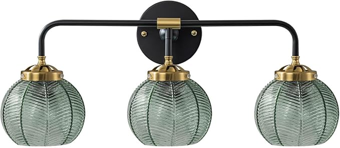 Black Wall Sconce 3 Light Bathroom Vanity Light Over Mirror, Vintage Wall lamp Green Glass Wall Sconce Light with Ribbed Glass Shade Bedroom Wall sconces for Bedroom Hallway Living Room