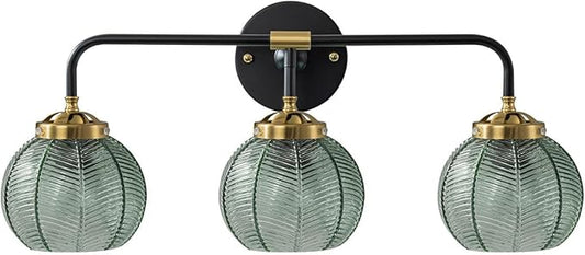 Black Wall Sconce 3 Light Bathroom Vanity Light Over Mirror, Vintage Wall lamp Green Glass Wall Sconce Light with Ribbed Glass Shade Bedroom Wall sconces for Bedroom Hallway Living Room