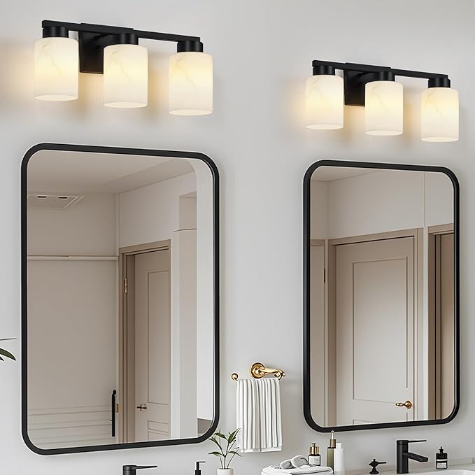3-Light Bathroom Light Fixtures, Modern Vanity Lights, Black Metal Wall Lamp with Handcrafted Art Glass for Bathroom, Mirror, Living Room, Bedroom, Cabinet, Porch, Hallway, E26 Base