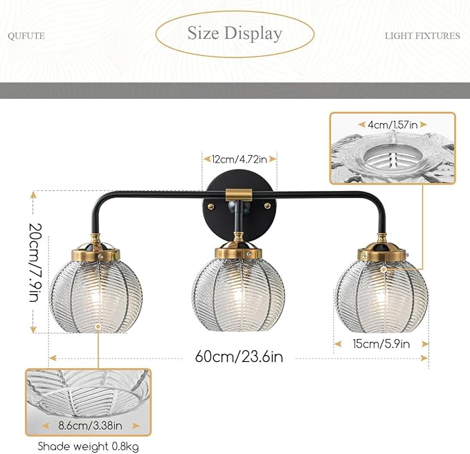 Black Bathroom Light Fixtures 3-Lights Vintage Vanity Wall Sconce Over Mirror with Ribbed Smoky Gray Globe Shade Mid Century Modern Lights Fixture Art Deco Farmhouse Vanity Lighting