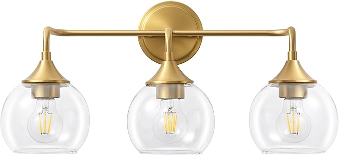Gold Bathroom Light Fixtures 3 Light Bathroom Vanity Light with Clear Glass Shade, 22 inch Vanity Lighting Fixtures Over Mirror, Vanity Lights Fixture (Exclude E26 Bulb)