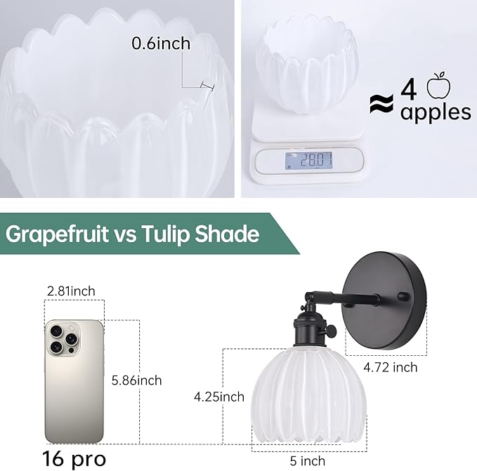 Shenmoyl Vintage Battery Operated Wall Sconce with White Tulip Glass Lampshade Rechargeable Battery Powered Black Wall Light with Remote Control for Bedside Bedroom Doorway, Set of 2