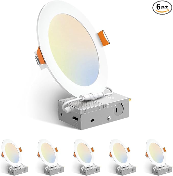 Amico 6 Pack 6 Inch 5CCT Ultra-Thin LED Recessed Ceiling Light with Junction Box, 2700K/3000K/3500K/4000K/5000K Selectable, 12W Eqv 110W 1050LM Brightness Dimmable Canless Wafer Downlight, ETL & FCC