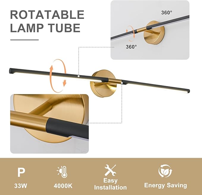 Modern Bathroom Light Fixtures Over Mirror 43 Inch, 33W 360° Rotatable Dimmable 4000K Led Vanity Light Bar, Black and Gold Bathroom Vanity Lights Above Mirror
