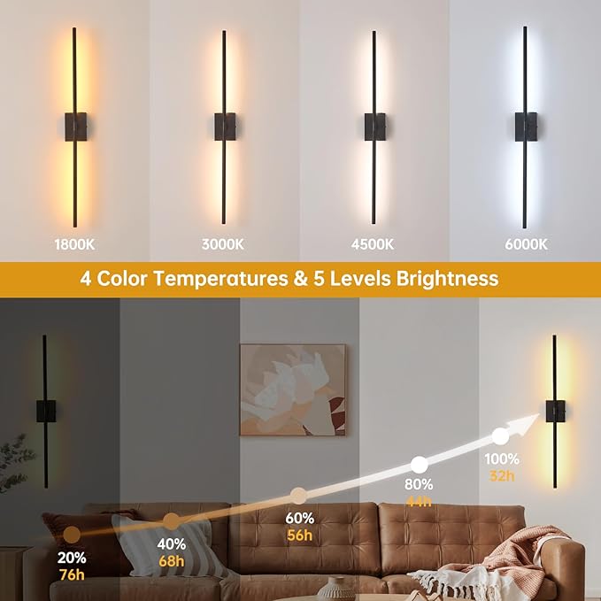 Shenmoyl Battery Operated Wall Sconce Set of 2, 10000mAh Rechargeable Wall Sconces with Detachable Battery, Indoor 350°Rotate Wall Lights for Bedroom Living Room, Black, 31.5 Inch