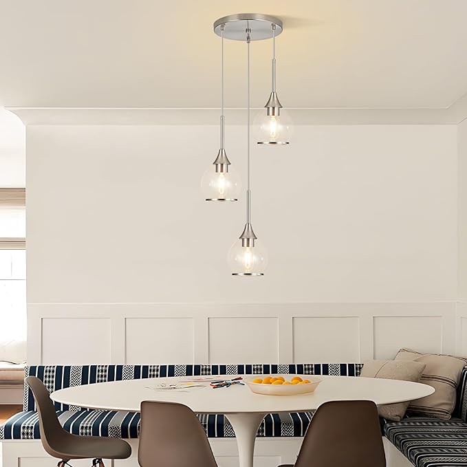 3-Light Island Light for Kitchen, Brushed Nickel Kitchen Island Hanging Pendant Light, Brushed Nickel Dining Room Light Fixture Over Table with Clear Round Glass Shade