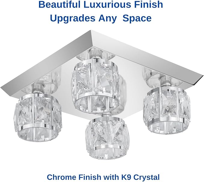 Luxury K9 Crystal Ceiling Light with Square Metal Canopy Chrome Finish, 4-Light Elegant Flush Mount Modern Chandelier for Living Room, Bedroom, Kitchen, Bathroom G9 Base Bulb Not Included