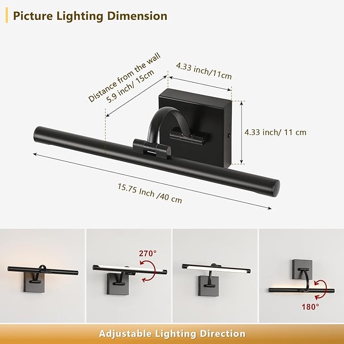 DESOOP Black Picture Lights for Wall Dimmable Art Lights for Paintings Hard-Wired LED Painting Light Gallery Light for Portrait, Artwork, Frame 15.75 Inch 7W Warm White