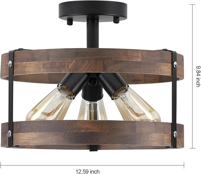 3-Light Rustic Farmhouse Wood Flush Mount Ceiling Light Fixture Oak Wood Round Drum Semi Flush Mount Ceiling Light for Hallway Hall Entry Bedroom Farmhouse Indoor, Black