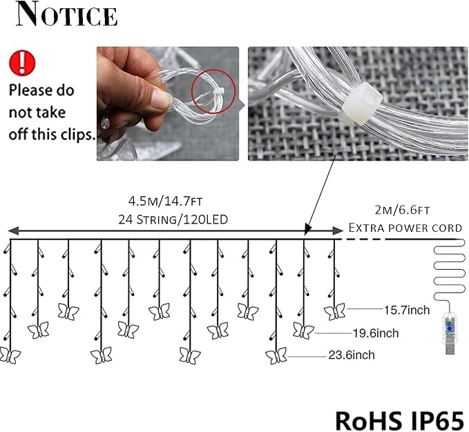 Butterfly Curtain Fairy Lights USB Plug in,8 Modes 120 LED 20FT Firefly Twinkle Timer String Lights with Remote, Waterproof for Bedroom Patio Christmas Wedding Party (Blue)
