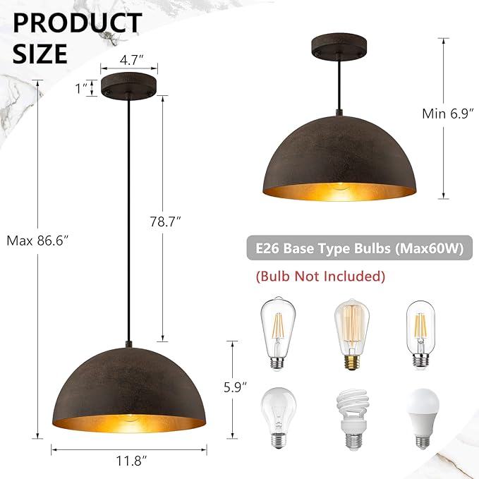 11.8" Farmhouse Pendant Light,Black with Brown Grain Industrial Dome Chandelier,Adjustable Vintage Pendant Lights Kitchen Island for Dining Room,Bedroom,Hallway