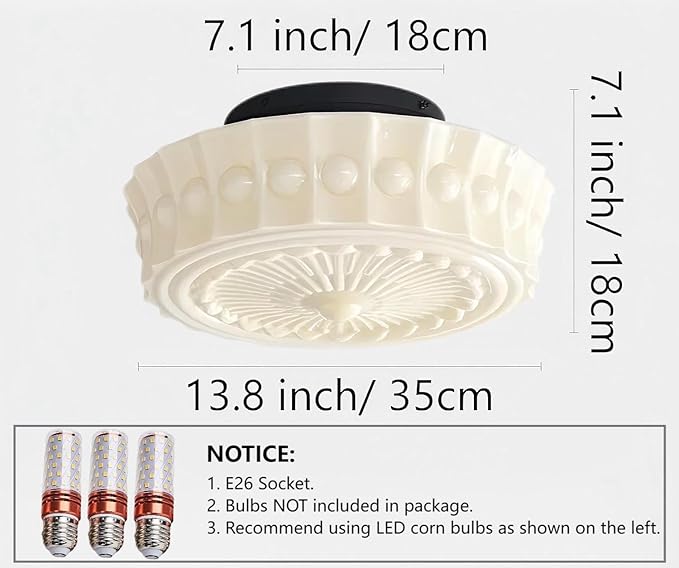 LIGHTLAND Milk Glass Ceiling Light, 13.8 Inch Mid Century Semi Flush Mount Ceiling Light Fixture, Vintage Chandelier for Bedroom, Living Room, Dining Room, Hallway (Style B, Cream)
