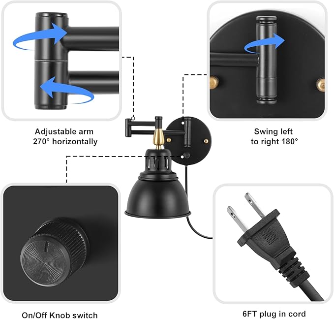 TRLIFE Wall Sconces Plug in, Remote Control Dimmable Wall Sconce and Adjustable Color Temperature 2700K-6500K Wall Lights with 6FT Plug in Cord, Swing Arm Wall Mounted Light(2 Pack, 2 Bulbs)