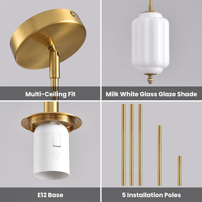 Vintage Milk Glass Pendant Lights 5.5 Inch Mid Century Brass Hanging Ceiling Light, Small Adjustable Height Kitchen Island Hanging Lights for Dining Room, Kitchen, Hallway and Bedroom, E12 Base