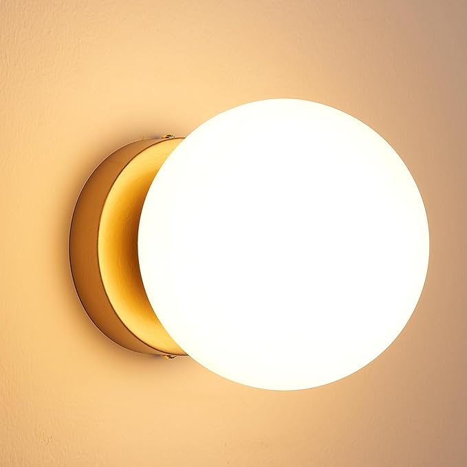 6" Modern Globe Wall Sconces, Mid Century Gold Aged Brass Wall Mounted Lamp with Globe Shade, Indoor Wall Light Fixture Ceiling Light for Bedroom Living Room Hallway Stairway.