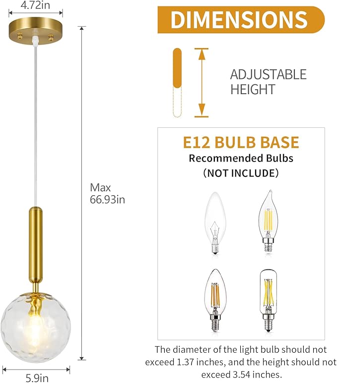 Modern Gold Pendant Light Hanging Fixture Light for Kitchen Island Mid Century with Globe Pendant Light Clear Glass Pendant Lighting for Living Room Bedroom Entryway (3 Pack)