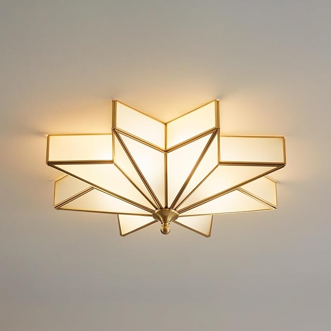 Star Brass Glass Ceiling Light - 19.7 In Large Gold Flush Mount Fixture - Art Deco Mid Century Vintage Modern Moravian Lighting Lights for Bedroom Dining Kitchen Foyer Farmhouse Living Room