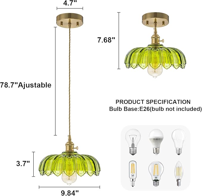 EDSILIVE Vintage Flower Glass Pendant Lights Kitchen Island 9.84" Antique Flower Green Glass Hanging Ceiling Light Fixture with Adjustable Brass Twine Wire for Dining Room Kitchen Table, Gold Green