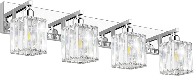 Brushed Chrome Crystal Bathroom Vanity Light, 4-Light Modern Bathroom Lighting Fixtures Over Mirror,Chrome Wall Sconce Light Fixtures with Square Shade