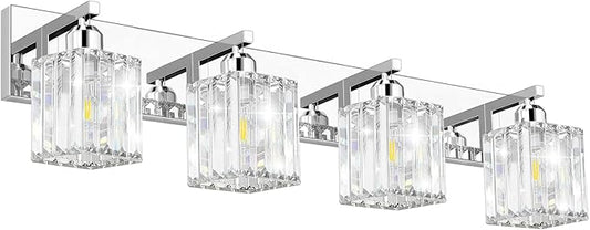 Brushed Chrome Crystal Bathroom Vanity Light, 4-Light Modern Bathroom Lighting Fixtures Over Mirror,Chrome Wall Sconce Light Fixtures with Square Shade