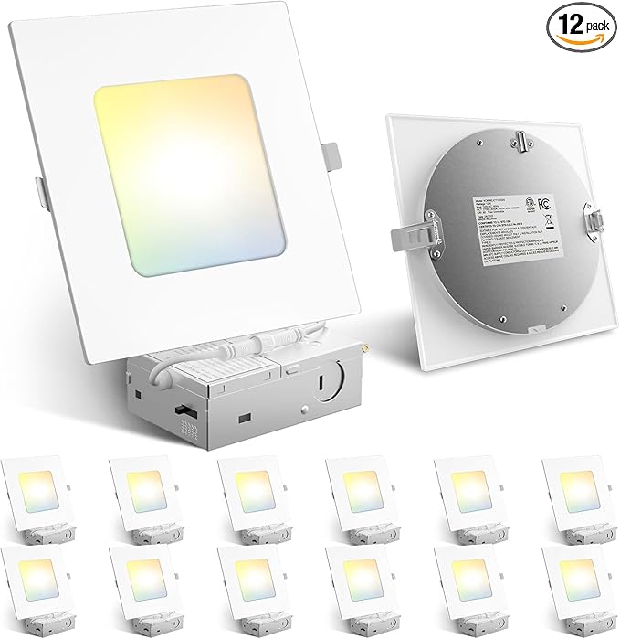 Amico 12 Pack 6 Inch Ultra-Thin LED Square Recessed Light with Junction Box, 5CCT 2700K/3000K/3500K/4000K/5000K Selectable, 1050LM Brightness, Dimmable Canless Wafer Downlight, 12W, ETL&FCC