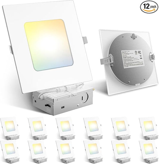 Amico 12 Pack 6 Inch Ultra-Thin LED Square Recessed Light with Junction Box, 5CCT 2700K/3000K/3500K/4000K/5000K Selectable, 1050LM Brightness, Dimmable Canless Wafer Downlight, 12W, ETL&FCC