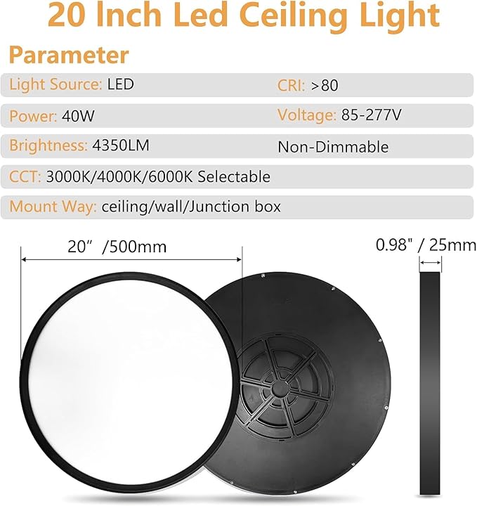 20 Inch LED Flush Mount Ceiling Light, 40W, 4350LM, 3000K/4000K/6000K CCT Selectable Super Slim Round Flat Panel Light for Living Room, Kitchen, Black 2PK