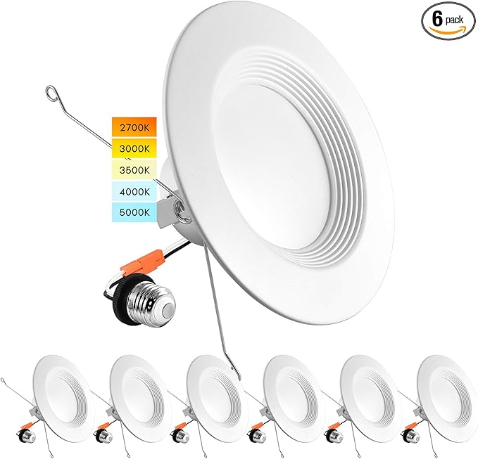 LUXRITE 5/6 Inch LED Recessed Retrofit Downlight, 14W=90W, CCT Color Selectable 2700K | 3000K | 3500K | 4000K | 5000K, Dimmable Can Light, 1100 Lumens, Wet Rated, Energy Star, Baffle Trim (6 Pack)