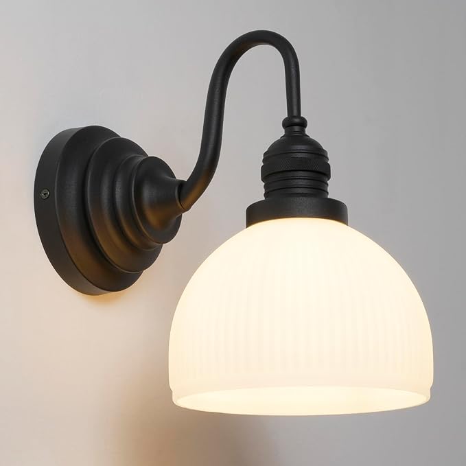 Vintage Wall Sconce Light, Black Bathroom Vanity Light with Striped Bowl Milk Glass Farmhouse Hardwire Wall Mounted Lamp for Bathroom Mirror Living Room Bedroom Kitchen E26 Indoor