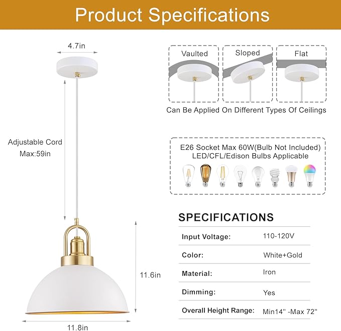 Modern White Pendant Light, Dome Metal Ceiling Hanging Light Fixtures, Nordic Style Pendant Lamp for Kitchen Island Dining Room(11.8 Inch 2 Packs) Dining Room 2 Pack