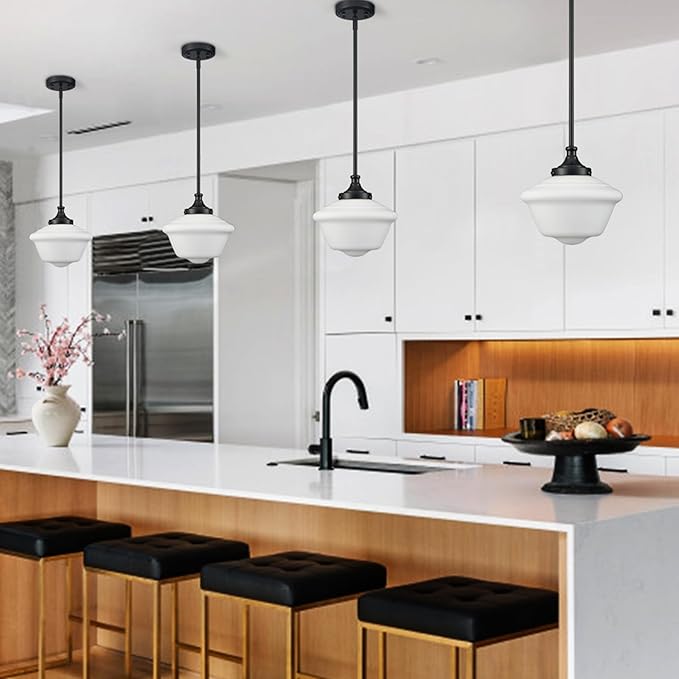 SAMTEEN 10-Inch Black Schoolhouse Pendant Light with White Glass Shade Schoolhouse Light Fixture Adjustable Height Modern Schoolhouse Pendant Lighting for Kitchen Island Dining Room Living Room