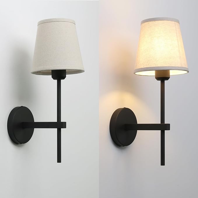 Set of 2 Vintage Wall Sconces with Linen Fabric Shade, E26 Bathroom Vanity Lights, Hardwired Indoor 1-Light Wall Mounted Lamps for Hallway Bedside Nightstand Light