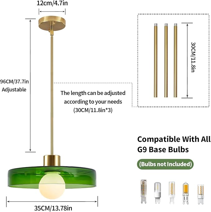Pendant Lights Kitchen Island: Mid-Century Modern Hanging Light Fixture - Glass Pendant Lamp for Entryway Dining Room Over Table Bedside (Green, 35cm/13.78inch)