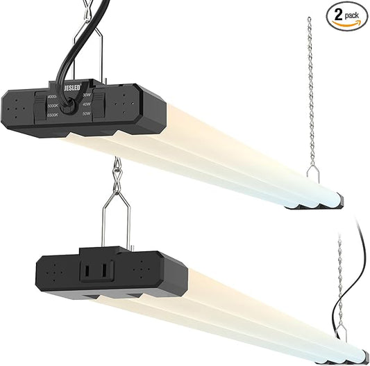 JESLED LED Shop Lights 4FT, 3CCT Selectable 4000K/5000K/6500K, Adjustable 30W/40W/50W, 7500LM Super Bright (300W Equivalent), Linkable Utility Light for Garage, Ceiling or Hanging Mount, ETL, 2 Pack
