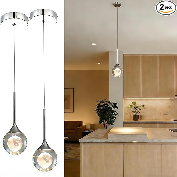 2 Packs Modern Crystal Pendant Light Chrome Globe Ceiling Hanging Light Fixture Moon Teardrop Kitchen Island Light Dimmable LED Mini Chandelier for Dining Room Bedroom Living Room, 3000K