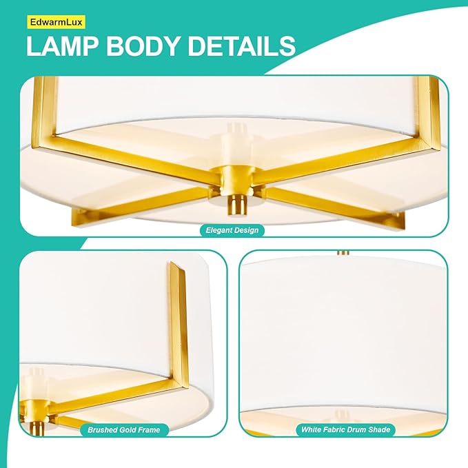 Edwarmlux 3-Light Semi Flush Mount Ceiling Light Fixture, 13.7" Gold Drum Light with White Fabric Shade, Modern Close to Ceiling Lamp for Living Room Bedroom Dining Room Kitchen Hallway Entry Foyer