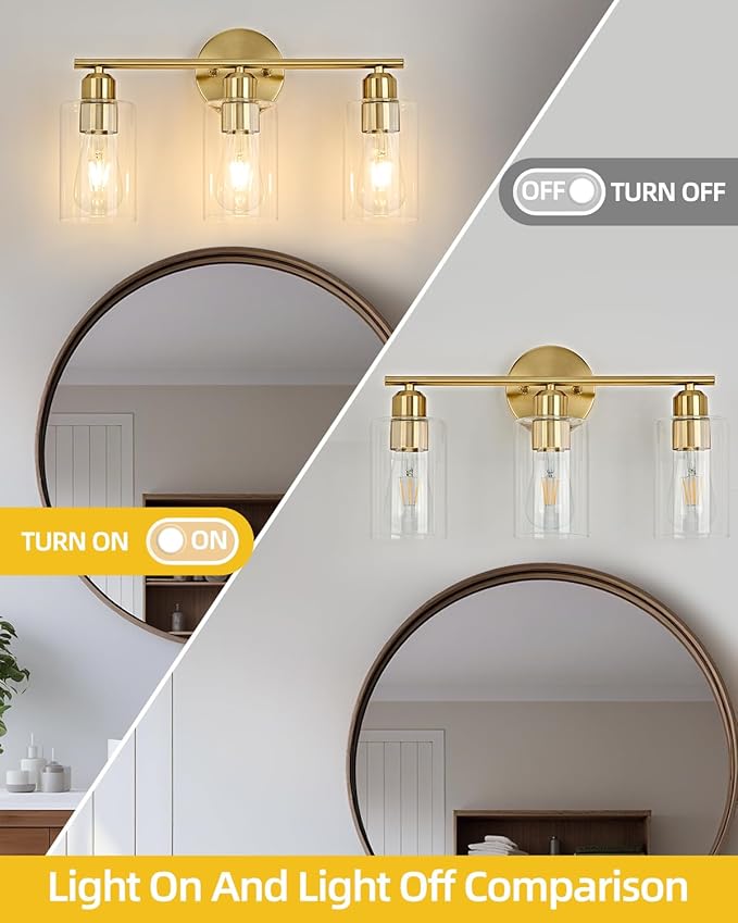 3-Light Bathroom Light Fixtures, Gold Bathroom Vanity Lights, Bathroom Lighting Fixtures Over Mirror with Clear Glass Shade, Wall Sconce Light for Bedroom, Living Room and Hallway