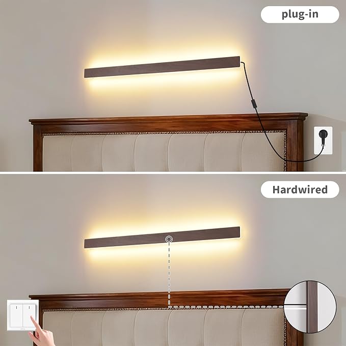 KELUOLY Farmhouse Plug in Long Wall Sconce, 31.4 inch Faux Walnut Finish LED Wall Lights, 16W Warm White 3000K Acrylic Indoor Wall lamp, with 59" Plug Cable for Bedroom, Living Room, Hallway