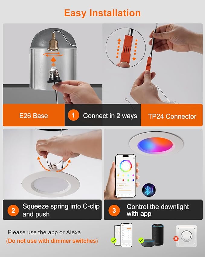 DUSKTEC Smart Recessed Lighting 6 Inch - RGBCW Color Changing LED 13W Can Light Retrofit Recessed Lights 1050 Lumen Dimmable Recess Light Compatible with Alexa & APP Recess Ceiling Lights 6 Pack