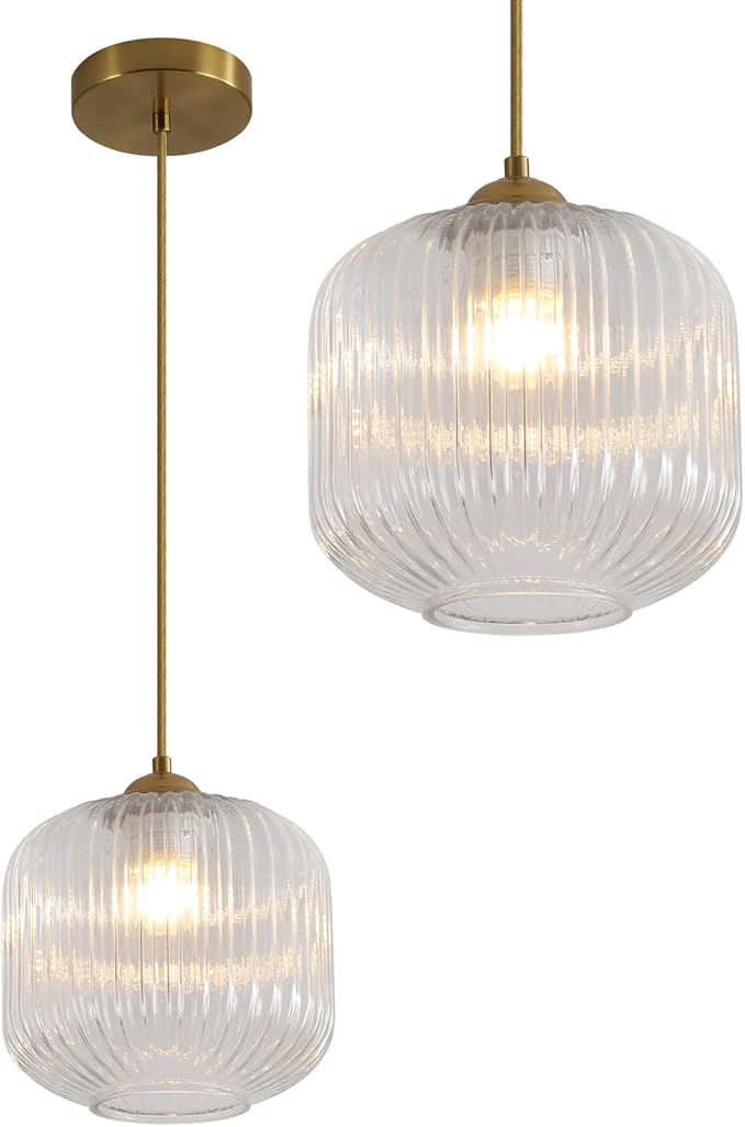 Modern Gold 1 Light Hanging Indoor Kitchen Island Pendant Light Large Single Brushed Brass Hanging Light Fixture Mid Century Clear Glass Globe Pendant Lighting for Dining Room Bedroom MPL30-C