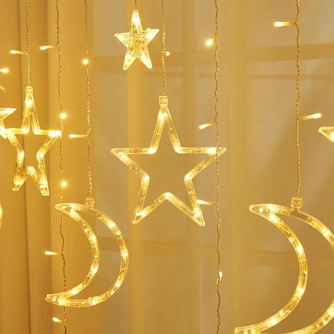 138 Led Curtain String Light Star Moon Icicle Light with 8 Lighting Modes with Timer Remote USB Operated Dimmable Fairy String for Window Wall Home Decoration
