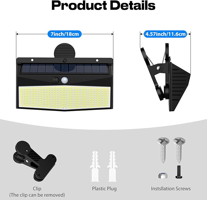 Peasur 368 LED Clip On Solar Lights Outdoor, Motion Sensor Lights with 3 Modes, Solar Security Light Waterproof for Outside Fence, Deck, Gutter, Camping