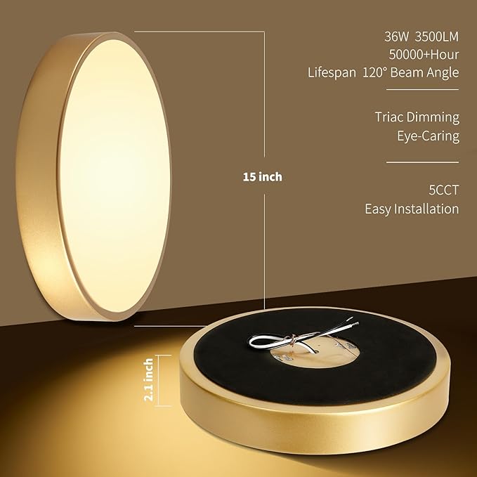 Gold Flush Mount Ceiling Light 15 inch LED Dimmable Ceiling Lamp Remote Control 36W 5CCT(2700K-5000K) Bedroom Lamp Light Fixture for Living Room Study Room Home Office Conference Room