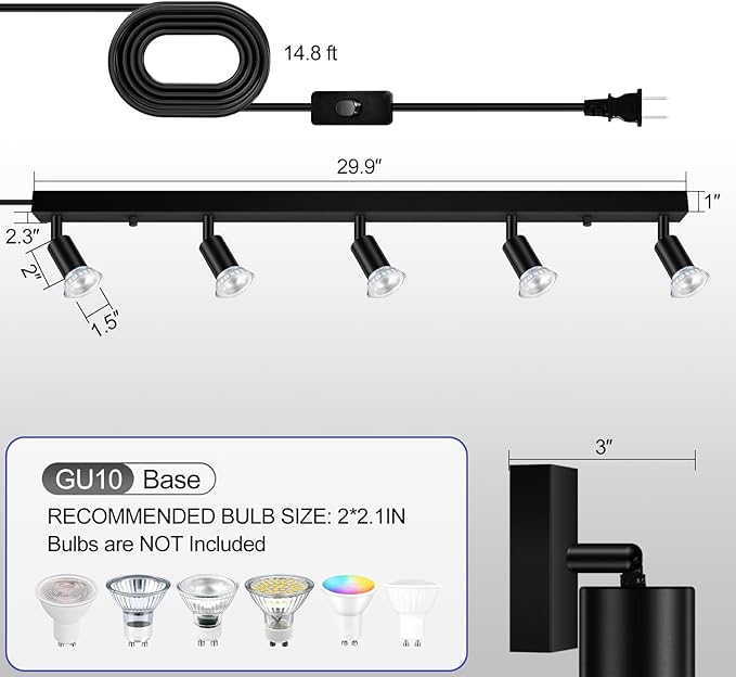 Plug-in Track Lighting, LED Track Lighting Fixtures Ceiling Kit, 30" Black Plug in Wall Light with 14.8ft Cord, 5-Light Ceiling Spotlight,Rotatable Kitchen Light Head for Bedroom Hallway(GU10,NO Bulb)