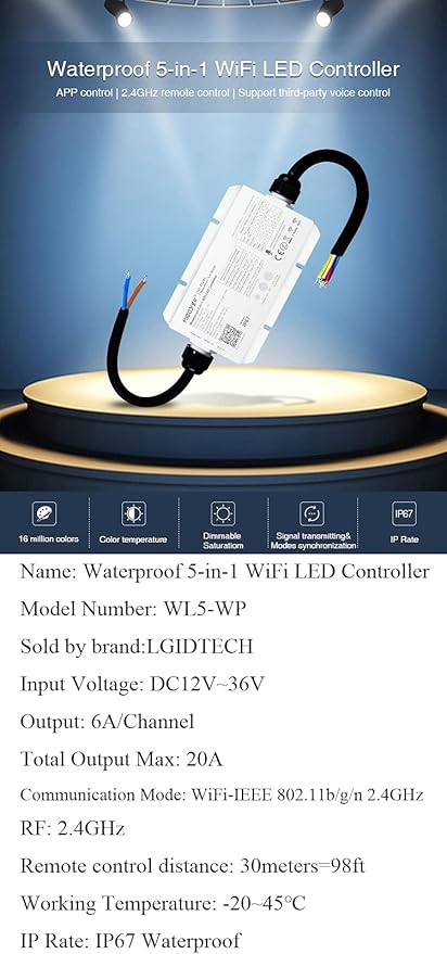 LGIDTECH WL5-WP Miboxer LED Strip Light 5 in 1 Controller for 5050 3528,IP67 Waterproof,Smartphone APP Control Without Extra Hub.Amazon Alexa Google Home Assistant Voice Control,DC12-36V,240W-720W