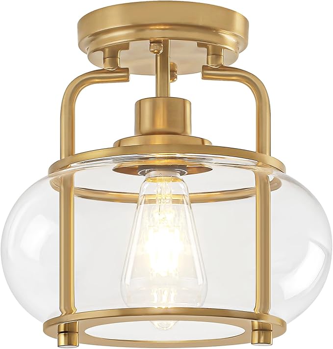 TOULMJ Semi Flush Mount Ceiling Light, Gold Ceiling Light Fixture with Drum Glass Shade, Modern Hallway Light Fixture for Kitchen Dining Room Foyer Entryway Bedroom Laundry Room Bathroom