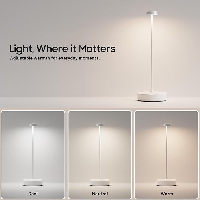 Cordless LED Table Lamp，Rechargeable Battery Desk Lamps, 3 Color Stepless Dimmable Metal Battery Table Lamps, Portable Waterproof Table Light for Restaurants/Bedroom/Bar (White)