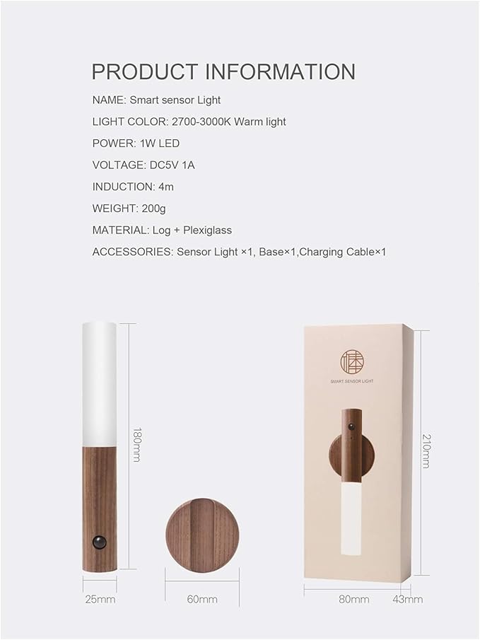Motion Sensor Night Light, Motion Activated Night Light,Wall Lights Battery Operated,Rechargeable Wall Lights,Suitable for Kids Bathroom，Corridors, Closet ，Stairs, Bedrooms (Walnut Wood 1PC)