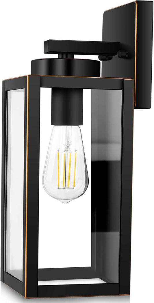 BesLowe Outdoor Wall Light Fixtures, Exterior Waterproof Wall Lanterns, Porch Sconces Wall Mounted Lighting with Glass Shades, Modern Wall Lamps for Garage Front Door Entryway, Black with Gold Trim